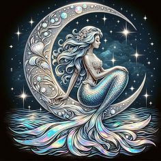 a beautiful mermaid sitting on the moon with stars in the sky above her and water behind her