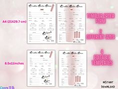 the printable wedding order form is shown in three different sizes