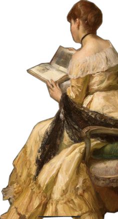 a painting of a woman in a yellow dress sitting on a chair reading a book