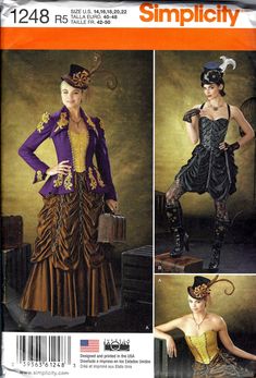 Pattern includes jacket, corsets and skirts. Hat pattern not included. This sewing pattern is out-of-print, new, factory folded complete with instructions. Plus Size Steam Punk Costumes, Costume Makers Ball Quilt, Steampunk Costume Diy, Steampunk Fashion Diy, Saloon Girl Dress, Victorian Steampunk Costume, Simplicity Patterns Costumes, Steampunk Mode, Steampunk Patterns