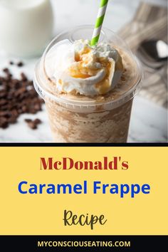 Caramel frappe in a tall glass Mcdonalds Caramel Frappe Recipe Copycat, Carmel Frap From Mcdonald’s, Carmel Frappe Mcdonald’s, Carmel Frappe Mcdonald’s Recipe, Diy Caramel Frappe, Diy Frappe Recipes At Home, How To Make Frappe At Home, Caramel Frappe At Home, How To Make A Frappe At Home