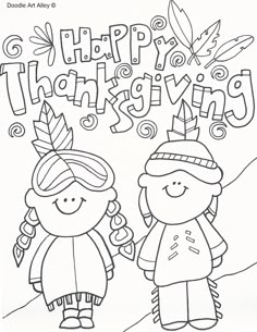 happy thanksgiving coloring page with two kids holding hands and the words happy thanksgiving above them