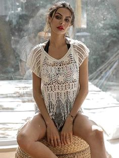 Hollow See-through Flower Tassel Cover Ups - rrdeye Summer V-neck Top With Tassels, Summer V-neck Tops With Tassels, Bohemian Cotton Crochet V-neck Top, Casual V-neck Top With Fringe, Casual Beach Tops With Tassels, White Bohemian Crochet Top With Short Sleeves, Cotton Beach Tops With Tassels, Summer Crochet V-neck Top, V-neck Tops For Beach Festival