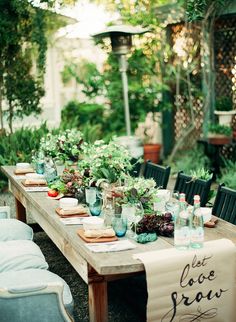 a long table with bottles and plants on it is set up for an outdoor party