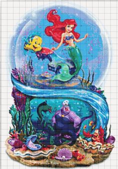 the little mermaid cross stitch pattern is shown in front of an aquarium with fish and other sea creatures