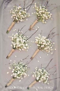 the wedding bouquets are laid out on top of each other, and ready to be placed