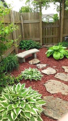 a small garden with rocks and plants in the foreground, next to a wooden fence