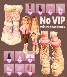 two dolls are standing next to each other in winter shoes and boots with text that says no vip, winter shoes hack