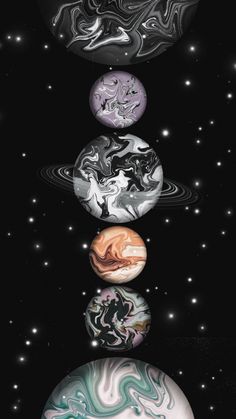 the planets are arranged in a row on top of each other, with stars in the background