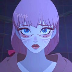 an anime character with blue eyes and pink hair, wearing white makeup on her face