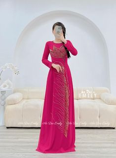 🌻Material: chiffon. 🌻Stretchy level: 3/10 🌻 The measurement of this ao dai (long dress) is in Vietnamese size (American size tends to be bigger for the same size). Please LOOK AT THE SIZE CHART CAREFULLY BEFORE ORDERING. There might have some chalk writings on the fabric due to making process. These marks can be washed away easily. 🌻🌻No returns or exchanges Buyer can contact seller about any issues with an order. 🌸 Follow us Facebook/aodaiemily www.aodaiemily.com 💜 Thank you very much!💜 Long Pink Embellished Dress, Festive Pink Ao Dai For Formal Occasions, Festive Floor-length Ao Dai For Party, Floor-length Ao Dai For Festive Party, Pink Long Sleeve Ao Dai For Party, Pink Evening Dress For Eid, Color Pants, Colored Pants, Level 3