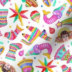 a white background with lots of colorful items on it's surface, including mermaids and stars