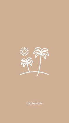 two palm trees on a brown background with the sun in the sky above them and an inscription