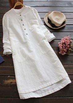 Indulge in the luxurious feel and sophisticated design of our Loose White Button Pockets Linen Shirt Dress, with its elegant long sleeves and attention-grabbing details.Fabric: Cotton 45%. Linen 55%Size & Fit:Fit: This garment fits true to... Vestidos Retro, Linen Shirt Dress, Garden Designs, Vestidos Vintage, Basic Dress, Long Shirt Dress, Shirt Dresses, Necklines For Dresses, Moda Vintage