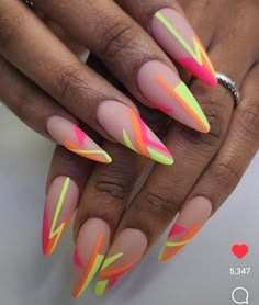 Neon Nail Designs Acrylics Summer, Monochromatic Nail Art, Fluorescent Nail Designs, Nails For Miami Trip, Miami Inspired Nails, Neon Design Nails, Neon Acrylic Nails Designs, Stiletto Nail Art Summer, Stiletto Spring Nails