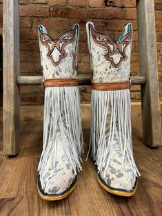 Corral Women's Fringed White Hair-On Hide Cowgirl Boots C4081 | Painted Cowgirl Western Store White Western Boots For Western-themed Events, Fitted White Boots For Country Events, Western Boots With Tassels And Round Toe, Bohemian White Boots For Fall, Leather Fringe Boots For Rodeo, White Western Boots For Country Events, White Country Boots For Ranch, White Country Style Boots For Ranch, White Snip Toe Country Boots