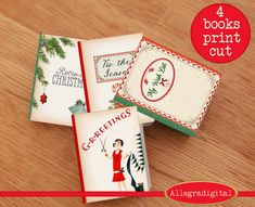 four christmas greeting cards on a table with the words, 4 books print cut out