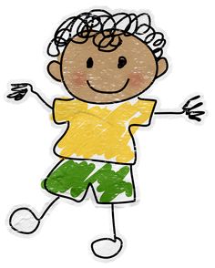 a drawing of a little boy in green and yellow shorts with his hands out to the side