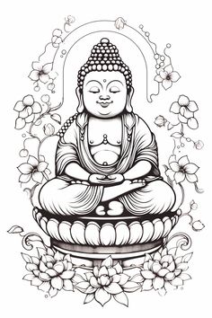 the buddha statue is surrounded by flowers and leaves, as if it were drawn in black ink