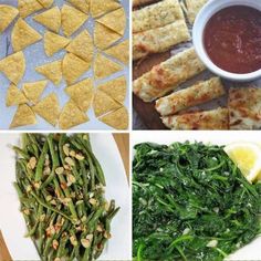 four pictures with different food items including green beans and tortilla chips