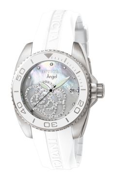 This impressive Invicta Angel watch features a precise Quartz movement as well as a steel case. Its white, mother of pearl dial is enclosed by a highly protective Flame Fusion Crystal. This watch is finished by a strong white, silicone band, and it offers 100 m water resistance. Invicta Watches Pro Diver, Angel Quartz, Invicta Watches Women, Nice Watch, White Dial Watch, Premium Watches, Steel Detail, Invicta Watches, Women's Watches