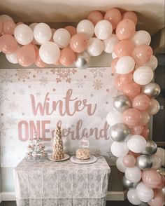 a table topped with balloons and desserts under a winter onederland sign covered in snowflakes