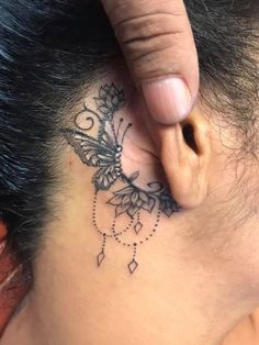 Butterfly Small Cover Up Tattoo Behind Ear, Behind The Ear Owl Tattoo, Floral Behind Ear Tattoo, Tattoo Ears, Tragus Tattoo, Diana Tattoo, Contemporary Tattoo, Lotus Tattoos, Behind Ear Tattoos