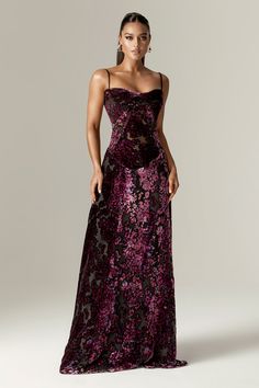 Victoria Rose Velvet Maxi Dress (Rose Print) Plum Dress, Rose Velvet, Velvet Maxi Dress, Velvet Maxi, Floral Gown, Elegant Styles, Purple Lace, Purple Hues, Stretch Dress