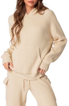 Chilly days call for the enveloping, oversized fit of this hooded sweater knit from supersoft yarns and finished with a cozy hand-warming front pocket. Fixed hood Long sleeves with ribbed cuffs Kangaroo pocket 50% polyester, 50% rayon Machine wash, dry flat Imported