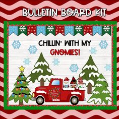 a bulletin board with a red truck and christmas trees