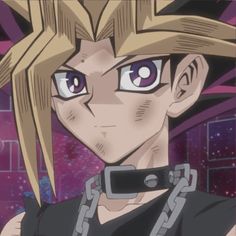 an anime character with blonde hair and blue eyes looking at the camera while wearing chain around his neck