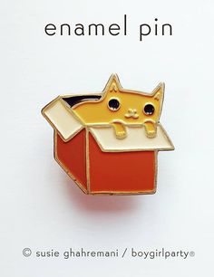 a pin with a cat in a box on it's back and the words enamel pin written below