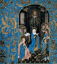 an image of the virgin mary and child jesus in blue with gold trimmings