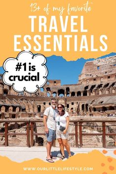 a man and woman standing in front of an old building with the words travel essentials 1 is crucial