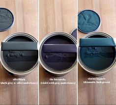 three pictures showing the steps to paint a wooden floor with different shades of blue and green