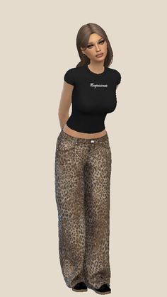 a woman in black shirt and leopard print pants