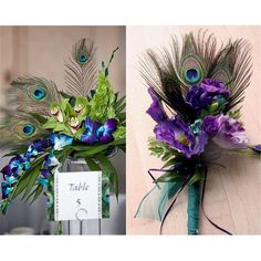 two pictures of purple flowers and peacock feathers in a vase with a price tag on it