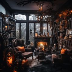 a living room filled with lots of furniture and a fire place in the middle of it