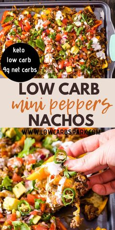 low carb mini peppers nachos in a plastic container with text overlay