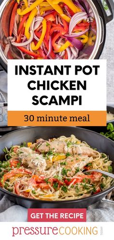 instant pot chicken scamp recipe in a skillet with text overlay that reads instant pot chicken scamp 30 minute meal