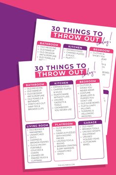 the 30 things to throw out printables are shown on top of each other