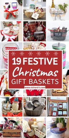 twelve festive christmas gift baskets with text overlay