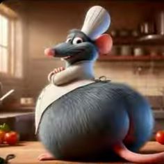 a cartoon mouse with a chef's hat and apron standing in front of a kitchen counter