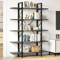 a book shelf with books on it in a living room