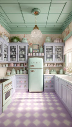 an old fashioned kitchen with pastel green and white cabinets, checkered flooring