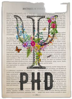 an old book page with flowers and butterflies on it that says,'doctorate of psych ph d '