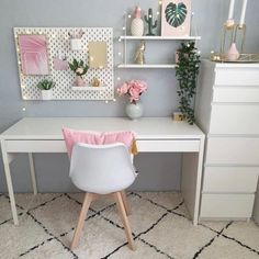 a white desk with pink flowers on it