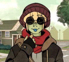 an animated image of a person wearing sunglasses and a scarf, standing in front of a house