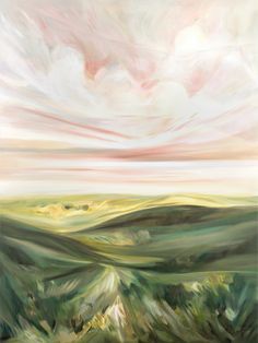 an abstract painting of green hills under a cloudy sky with pink and white clouds in the background