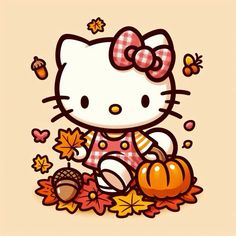 hello kitty is sitting in the fall leaves with her pumpkins and acorns